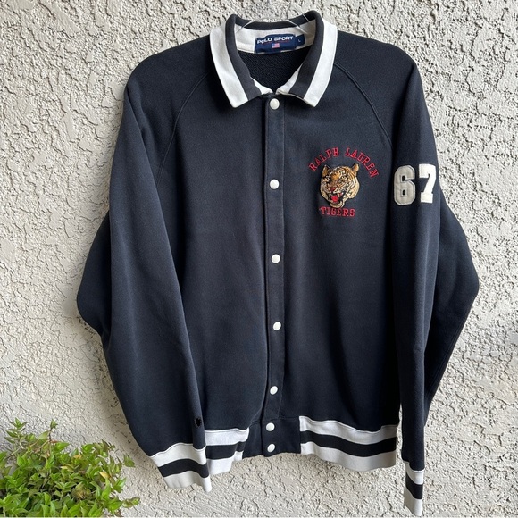 Vintage RALPH LAUREN POLO Sport Varsity Jacket RL 90s Patch Tigers Navy Blue Lrg - Picture 1 of 14